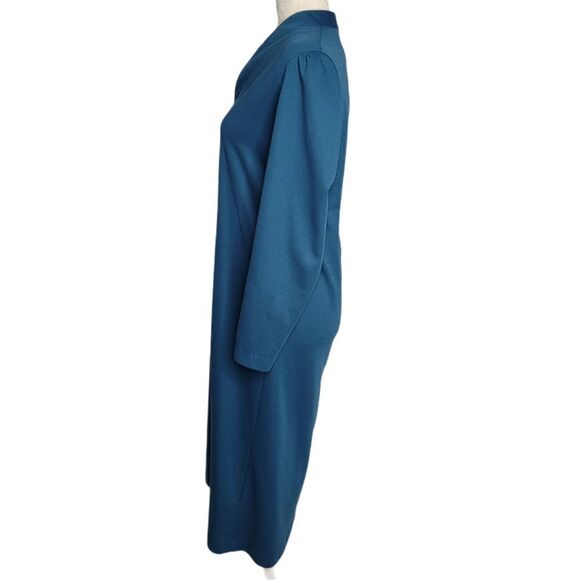 VINTAGE 70s dress teal v-neck long sleeve midi house M - Picture 2 of 15